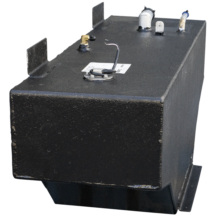 A black, textured fuel tank with an irregular shape, featuring an angled bottom section on one side and a rectangular cutout with a vertical support bracket. The top surface of the tank is equipped with various marine fittings, including two L-shaped mounting brackets, a brass elbow, a cylindrical vent, a curved pipe with a blue cap, and a circular fuel level sending unit with exposed wires and a small white label