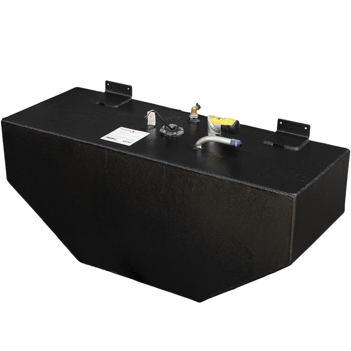 A black, rectangular 30-gallon OEM replacement fuel tank for a Hewes 18' Redfisher boat. The tank has a textured finish and various attachments on its top surface, including a brass fitting, a circular sensor with wires, a yellow-capped component, a bent metal tube with a blue tip, and two L-shaped mounting brackets