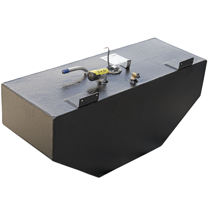 A black, rectangular fuel tank with a textured surface, designed for marine use. The top of the tank features a variety of components, including two flat, L-shaped mounting brackets, a brass-colored fitting, a circular assembly with exposed wires and a thin metal rod, and a curved metal pipe with a blue cap and a yellow tag that says 'HEWES'