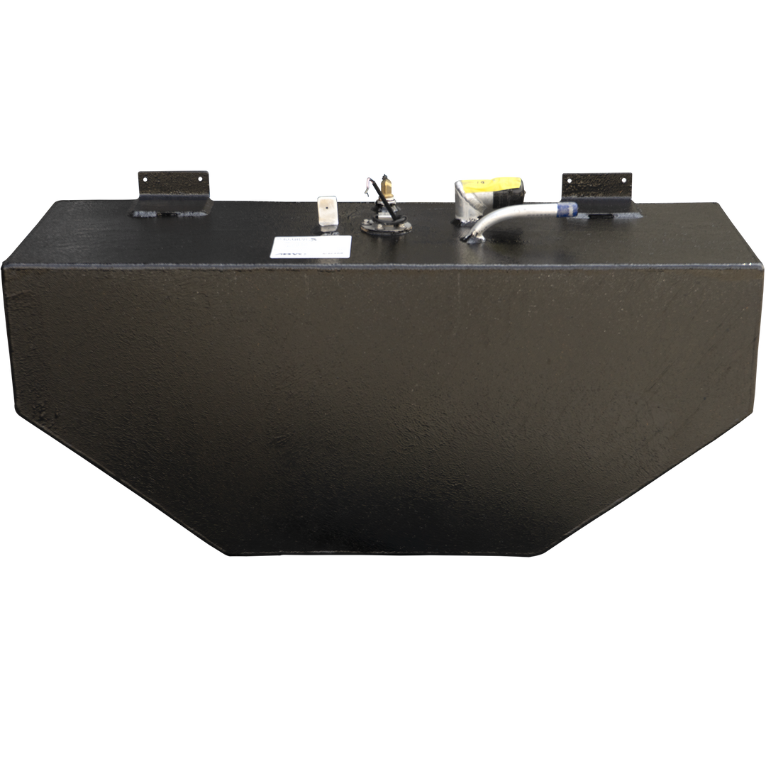 A rectangular black fuel tank with chamfered bottom corners, presenting a textured, dark gray finish. The top surface of the tank is equipped with various components: two L-shaped mounting brackets on opposite ends, a small white rectangular sensor, a circular opening with exposed wiring and a thin metal rod, and a bent metal tube with a yellow-labeled section and a blue tip