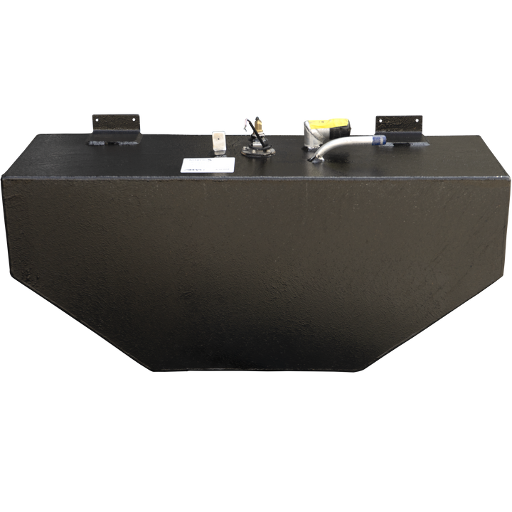 A rectangular black fuel tank with chamfered bottom corners, presenting a textured, dark gray finish. The top surface of the tank is equipped with various components: two L-shaped mounting brackets on opposite ends, a small white rectangular sensor, a circular opening with exposed wiring and a thin metal rod, and a bent metal tube with a yellow-labeled section and a blue tip