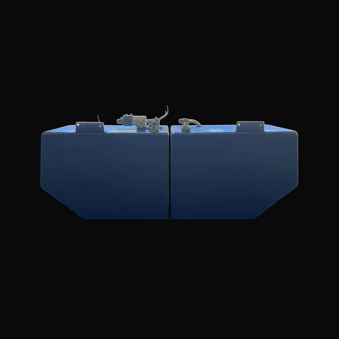End profile view of the Hewes 18 Redfisher replacement fuel tank pair (26 gal each). The image displays both Port and Starboard units side-by-side, highlighting their mirror-matched hull contours and top mounting tabs.