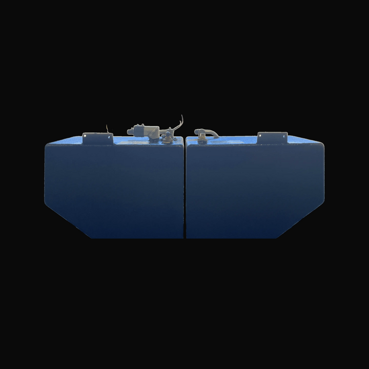 End profile view of the Hewes 18 Redfisher replacement fuel tank pair (26 gal each). The image displays both Port and Starboard units side-by-side, highlighting their mirror-matched hull contours and top mounting tabs.