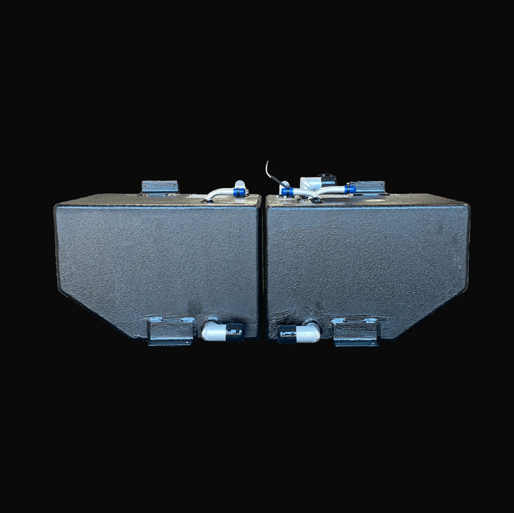 Side elevation view of the Hewes 18 Redfisher replacement fuel tank pair (26 gal). Shows the mirror-matched Port and Starboard units, detailing the specific lower fill elbow connections, mounting tabs, and angled hull profiles.