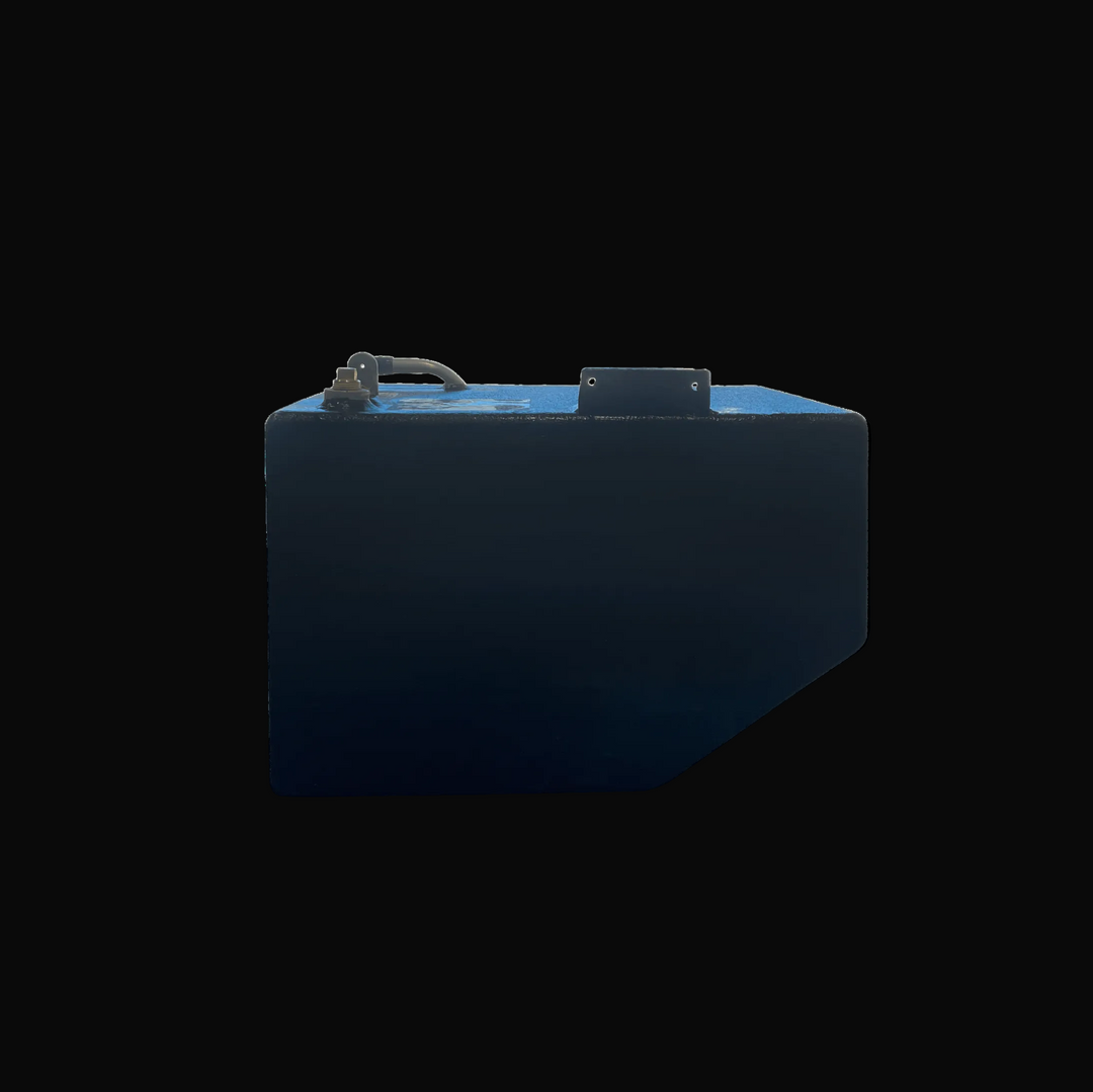 End profile view of the Hewes 18 Redfisher replacement fuel tank (26 gal). The image highlights the specific angled bottom corner designed for hull fitment, along with the welded top mounting tab and black protective coating.