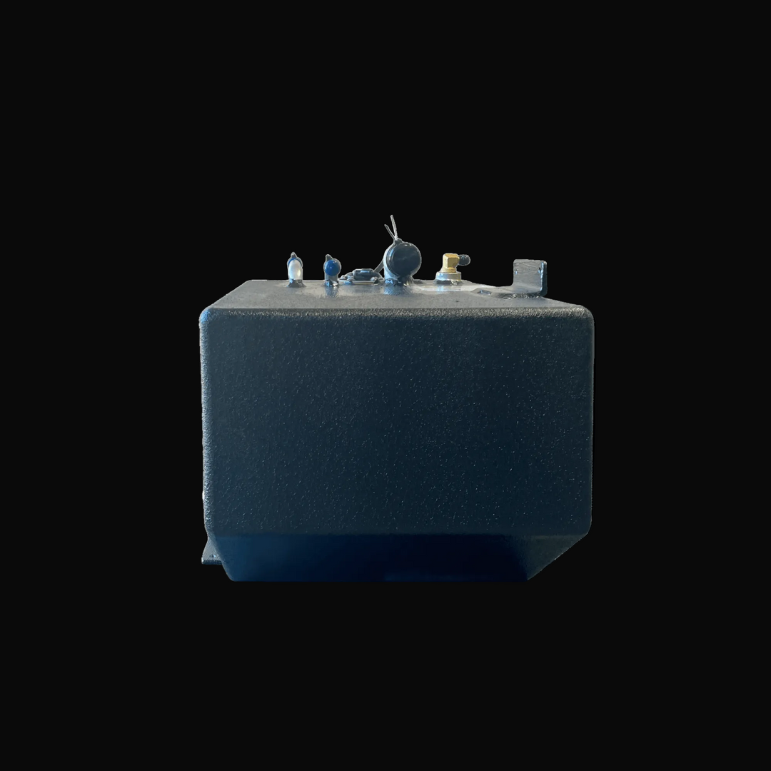 Side profile view of the Hewes 18 Redfisher replacement fuel tank (26 gal). Highlights the chamfered bottom corner for proper hull clearance, top-mounted fittings, and black-coated aluminum construction.