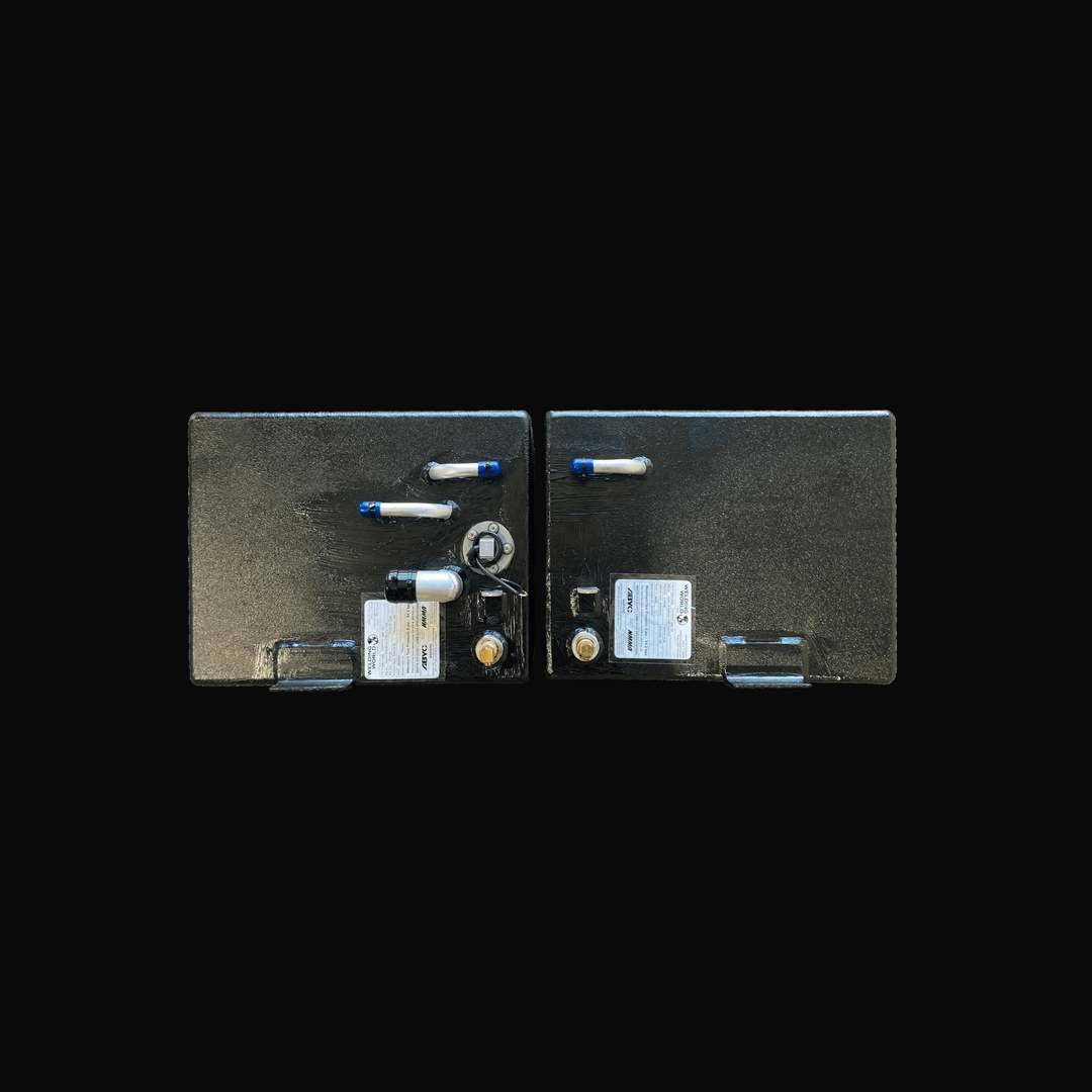 Overhead plan view of the Hewes 18 Redfisher replacement fuel tanks (26 gal), displaying both Port and Starboard units side-by-side. The image details the complete fitting layout, including fuel fill elbows, sending units, brass pickups, and data labels.