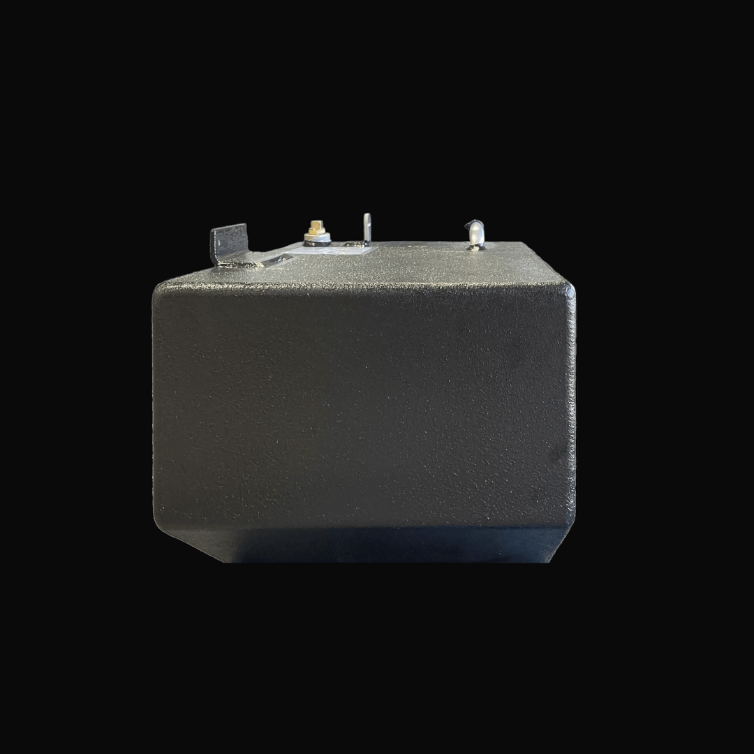 Side elevation view of the Hewes 18 Redfisher replacement fuel tank (26 gal), showing the smooth, black-coated aluminum exterior wall. The image details the angled hull-fitting bottom corner and top-mounted hardware.