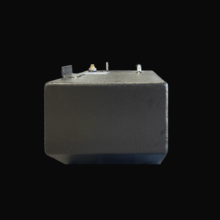 Side elevation view of the Hewes 18 Redfisher replacement fuel tank (26 gal), showing the smooth, black-coated aluminum exterior wall. The image details the angled hull-fitting bottom corner and top-mounted hardware.