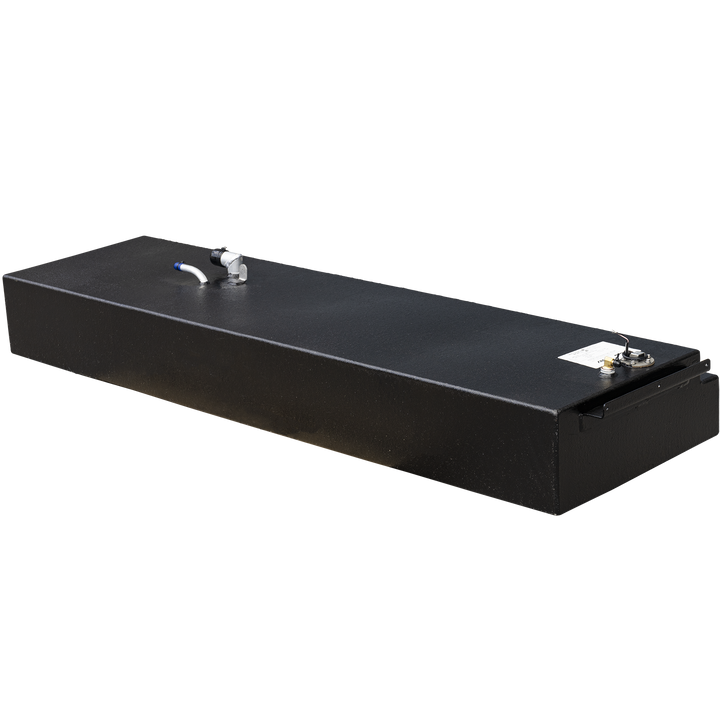 Photo of a black rectangular OEM replacement fuel tank for a Grady-White 258 Voyager 1994, with fittings and mounting brackets on top. The tank is shown at an angle with a transparent background