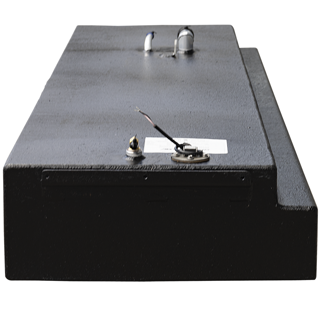 Photo of a black rectangular OEM replacement fuel tank for a Grady-White 258 Voyager 1994, viewed from the rear with fittings and a wiring connection visible on top. The tank is shown at an angle with a transparent background