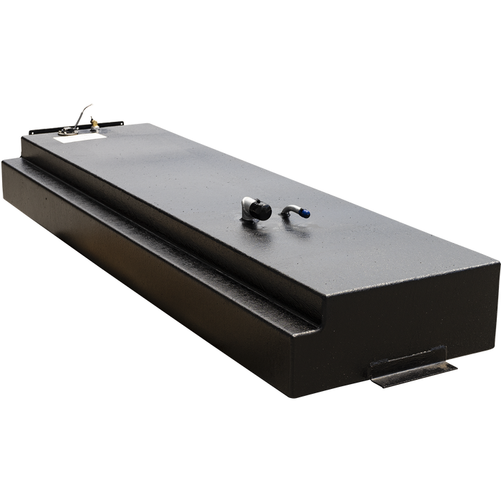 Angler 270 Trophy 2000 OEM Replacement Fuel Tank, black rectangular metal tank with a step-down design on one side, visible fittings and a small pipe with a blue cap on the top, shown with a transparent background
