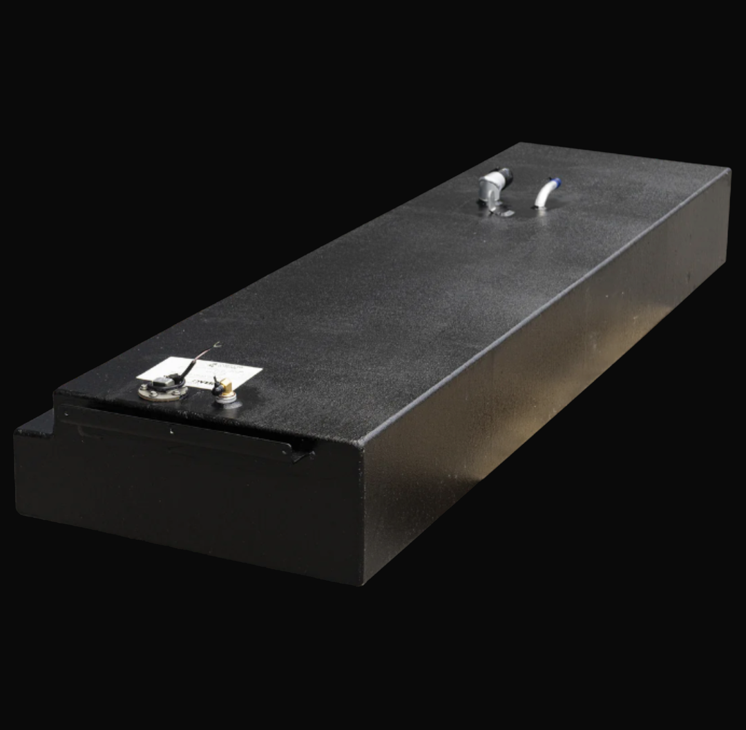 Hewes Light Tackle 20-foot boat 1994 model replacement OEM fuel tank with a capacity of 53 gallons. Black rectangular tank with welded mounting brackets, electrical and fuel connections on the top surface