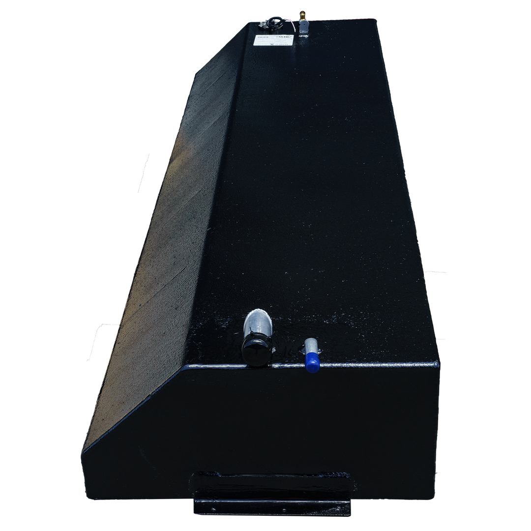 OEM replacement belly fuel tank for a 1994 Hewes Light Tackle 21' boat, featuring a sleek black design and a capacity of 56 gallons, with visible fuel fittings on the side