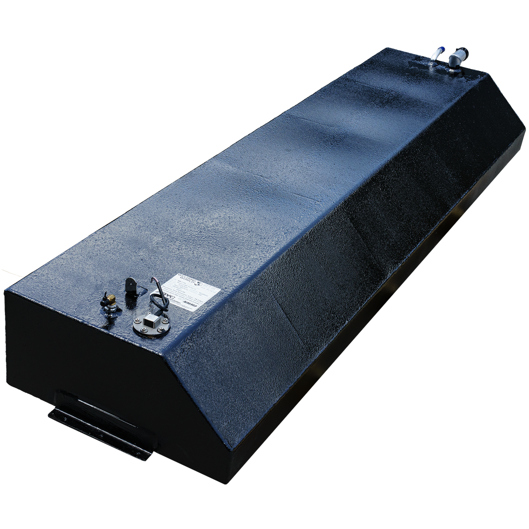 OEM replacement belly fuel tank for a 1994 Hewes Light Tackle 21' boat, featuring a sleek black design with multiple fittings and a capacity of 56 gallons