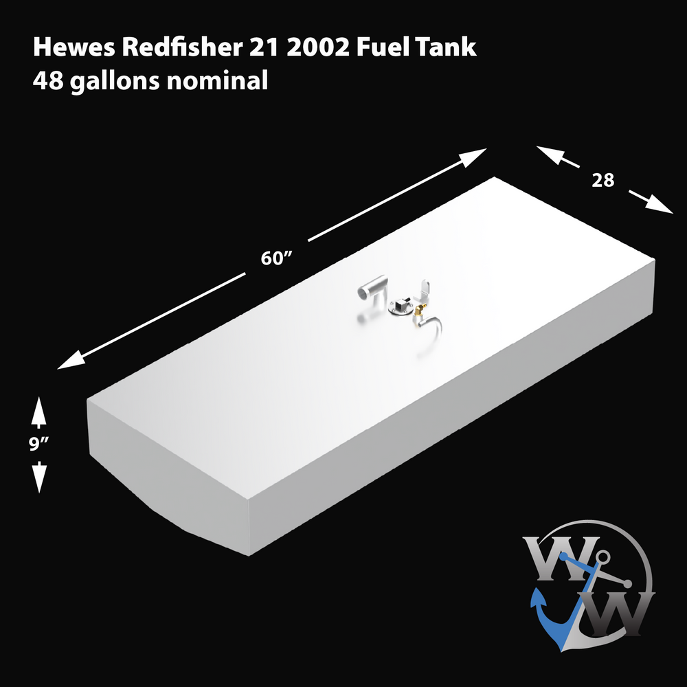 3D rendered image of a rectangular marine fuel tank with beveled front corners, shown from a rear-left angle on a black background. The tank is white and features several small fittings clustered near the center of the top surface. Dimensions and volume are overlaid in white text and arrows: 60 inches long, 28 inches wide, 9 inches high, and 48 gallons nominal capacity. The bottom right corner shows a partial “W” and anchor logo in blue and white.