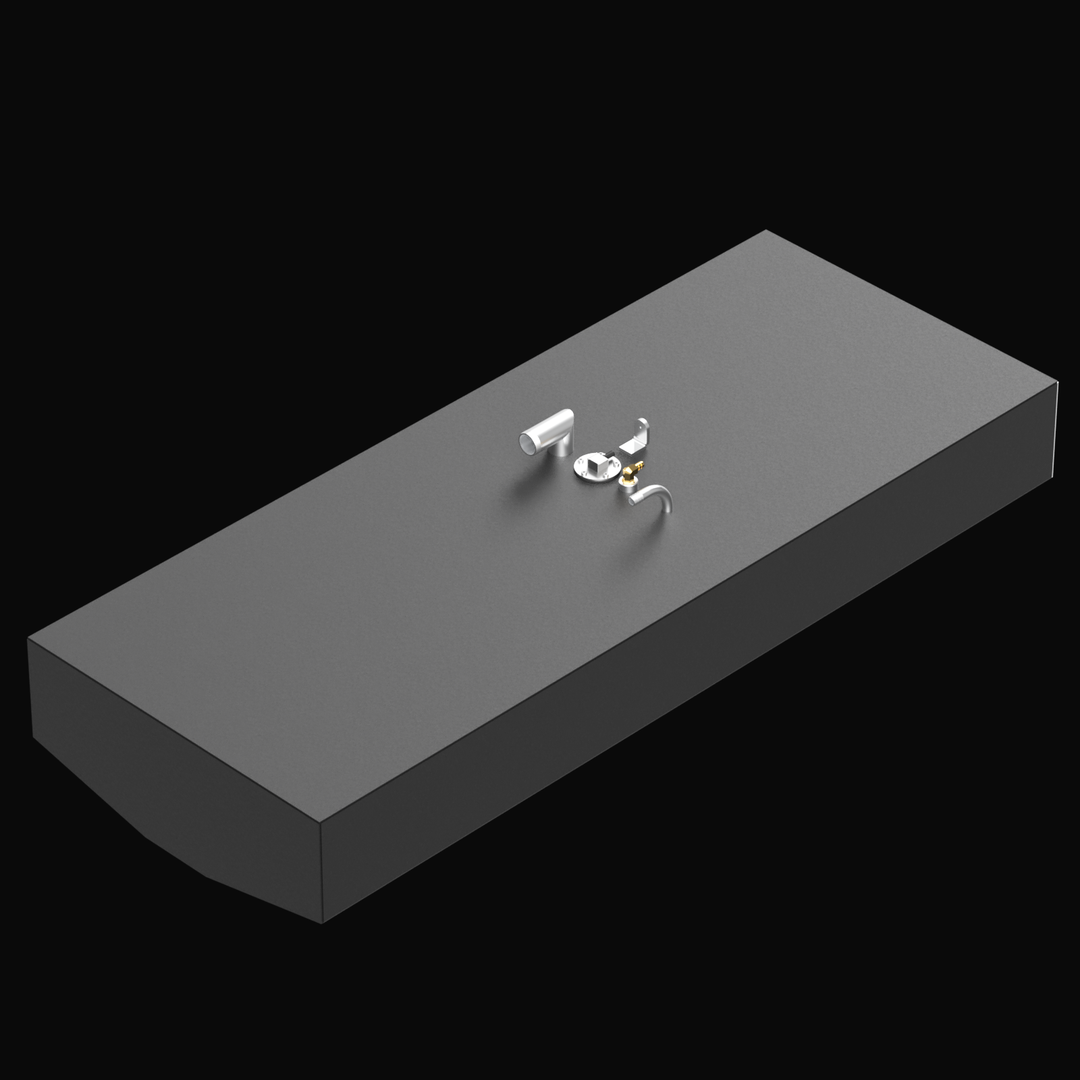 3D rendered image of a rectangular black marine fuel tank with beveled front corners, shown from a rear-right perspective. The tank has a matte black finish and several white and brass fittings clustered near the center on the top surface. The background is solid black