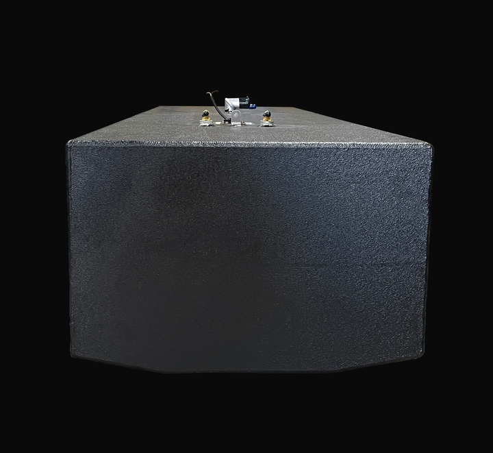 End-profile view of a 192-gallon Hydra Sport 25 (1994) belly fuel tank showcasing the 17.875-inch height and heavy-duty Coal Tar Epoxy finish. This perspective highlights the precision TIG welding and the low-profile geometry required for a guaranteed OEM fit within the boat's center stringer system.