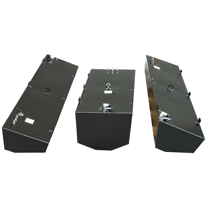 Three black Hydra-Sport fuel tanks against a checkered background, belly (160 gal.) and two saddle (96 gal.) tanks each, showing various fittings and tie-down points