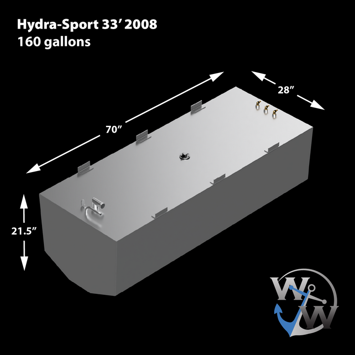 Dimensional drawing of a Hydra-Sport 33' 2008 160-gallon belly fuel tank, measuring 70 inches long, 28 inches wide, and 21.5 inches high, featuring the logo