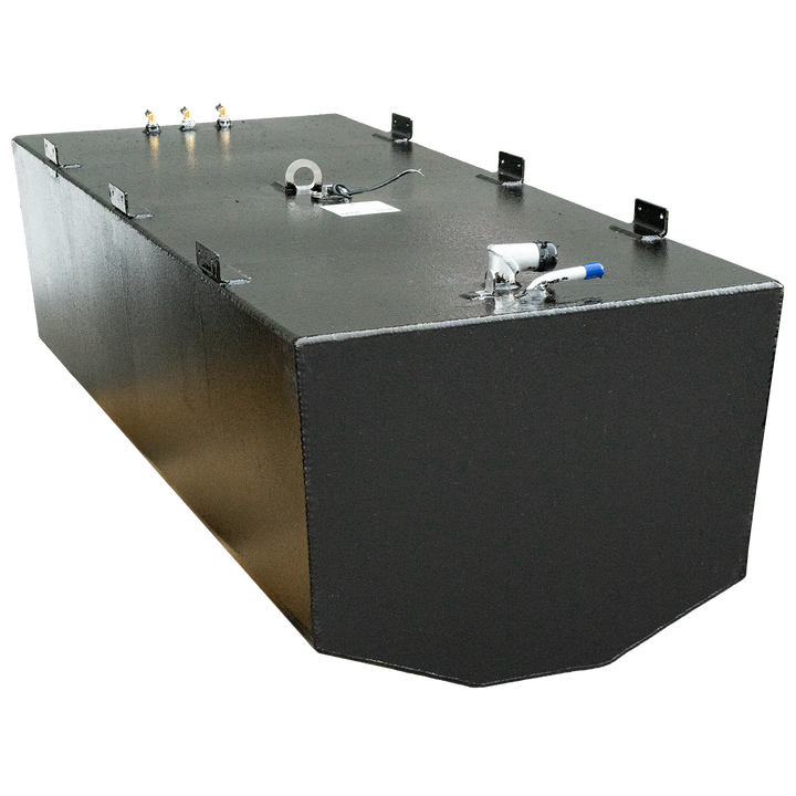 Black Hydra-Sport belly fuel tank, showcasing fuel fittings, fuel sending unit, tank attachments, and tie-down locations against a checkered background