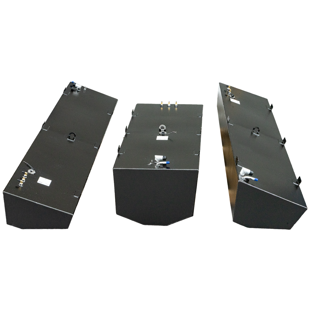 Three black Hydra-Sport fuel tanks against a checkered background, belly (160 gal.) and two saddle (96 gal.) tanks each, showing various fittings and tie-down points