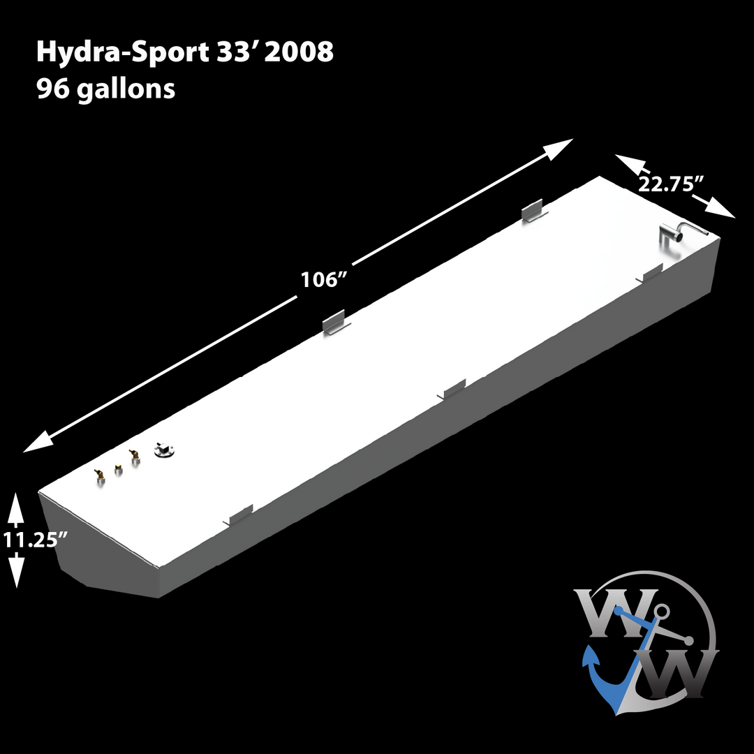 Dimensional drawing of a Hydra-Sport 33' 2008 96-gallon saddle fuel tank, measuring 106 inches long, 22.75 inches wide, and 11.25 inches high, featuring the logo