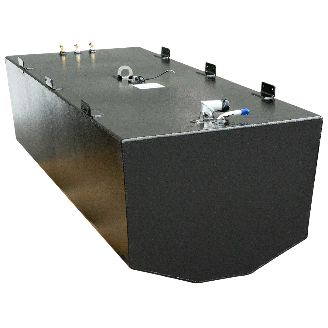Black Hydra-Sport belly fuel tank, showcasing fuel fittings, fuel sending unit, tank attachments, and tie-down locations against a checkered background