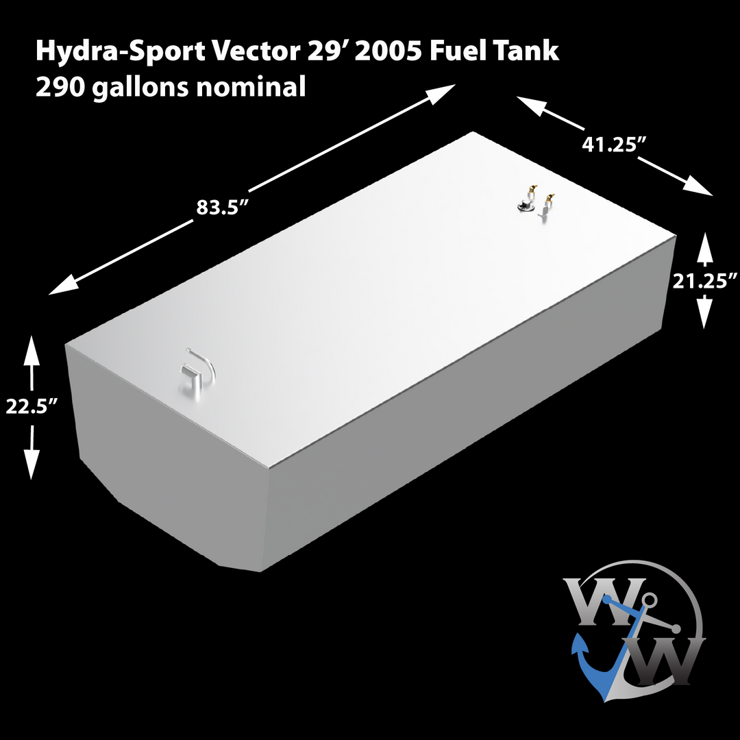 A 3D rendering of a rectangular, light-grey fuel tank for a Hydra-Sports Vector 29' 2005, with dimensions of 83.5 inches long, 41.25 inches wide, and varying heights of 22.5 inches and 21.25 inches due to a sloped top. The tank has a nominal capacity of 290 gallons and features several fittings on its top surface