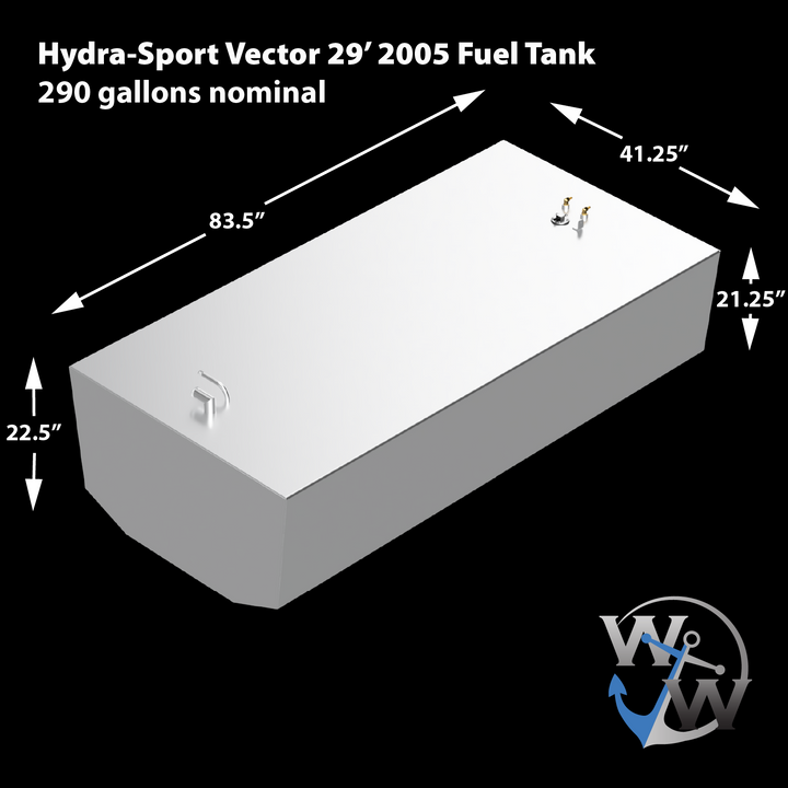 A 3D rendering of a rectangular, light-grey fuel tank for a Hydra-Sports Vector 29' 2005, with dimensions of 83.5 inches long, 41.25 inches wide, and varying heights of 22.5 inches and 21.25 inches due to a sloped top. The tank has a nominal capacity of 290 gallons and features several fittings on its top surface
