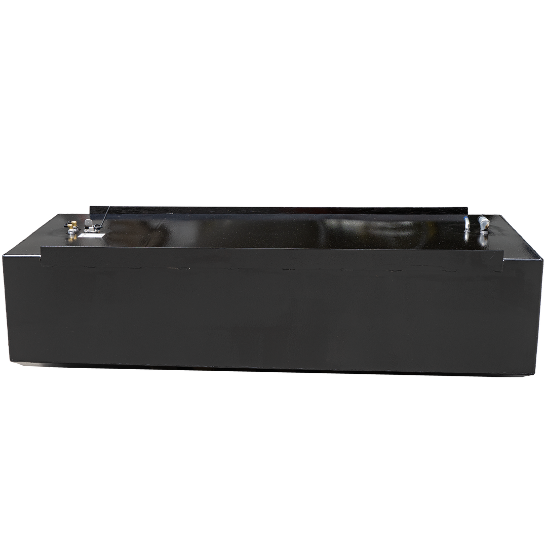 A black, rectangular fuel tank with a slightly textured surface and a dark, reflective strip along its top edge, is shown against a black and grey checkered background. Various metallic and plastic fittings are visible on the top surface