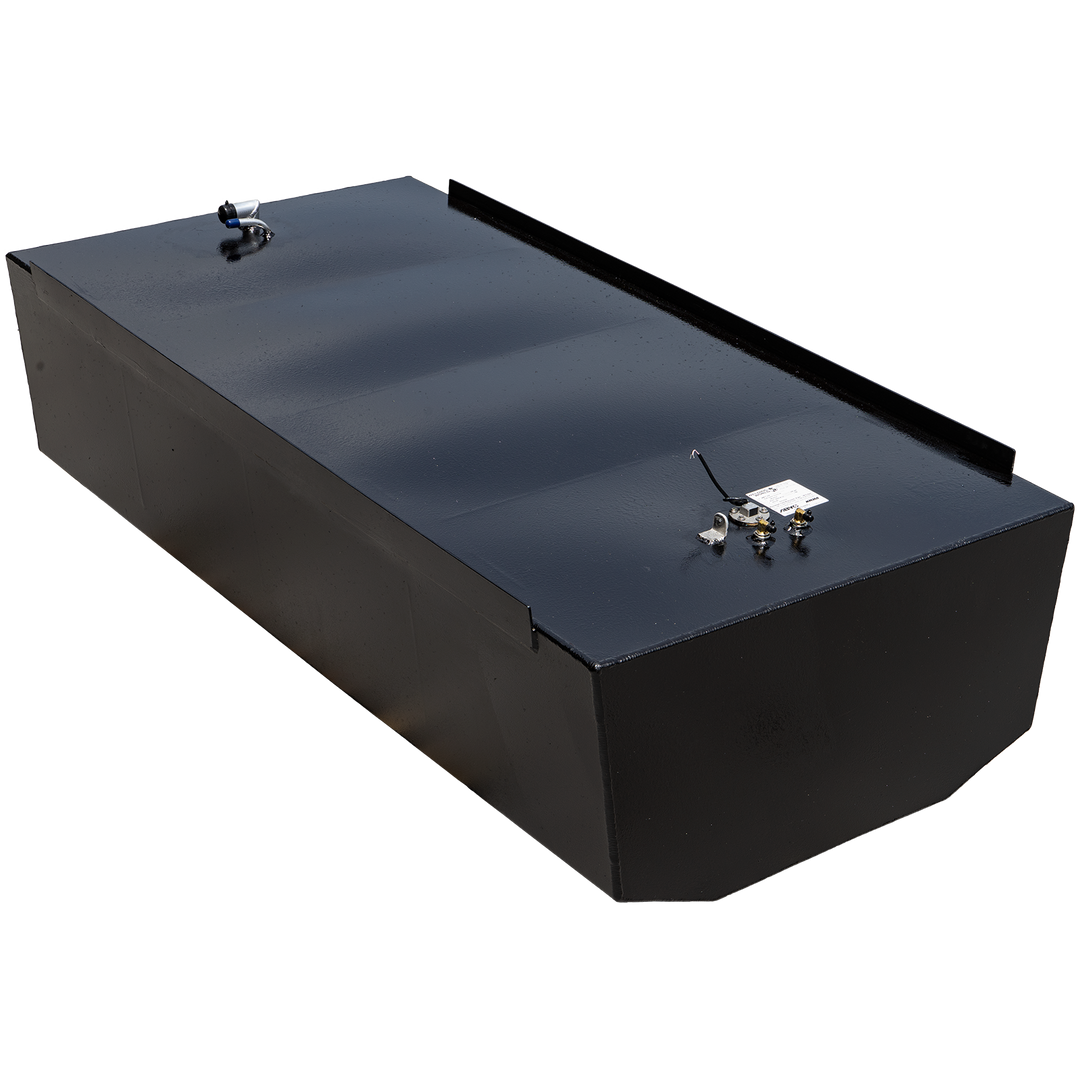 A black, rectangular fuel tank with a slightly irregular shape, possibly for a Hydra-Sports Vector 29' (2005) OEM replacement, is positioned against a black and grey checkered background. Various metallic fittings and a small white label are visible on its top surface