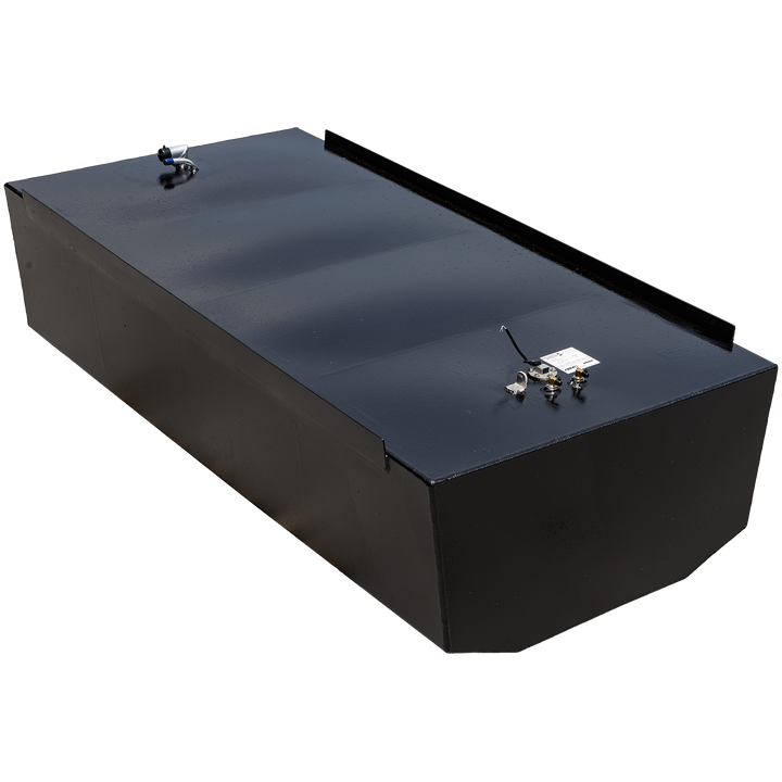 A black, rectangular fuel tank with a slightly irregular shape, possibly for a Hydra-Sports Vector 29' (2005) OEM replacement, is positioned against a black and grey checkered background. Various metallic fittings and a small white label are visible on its top surface