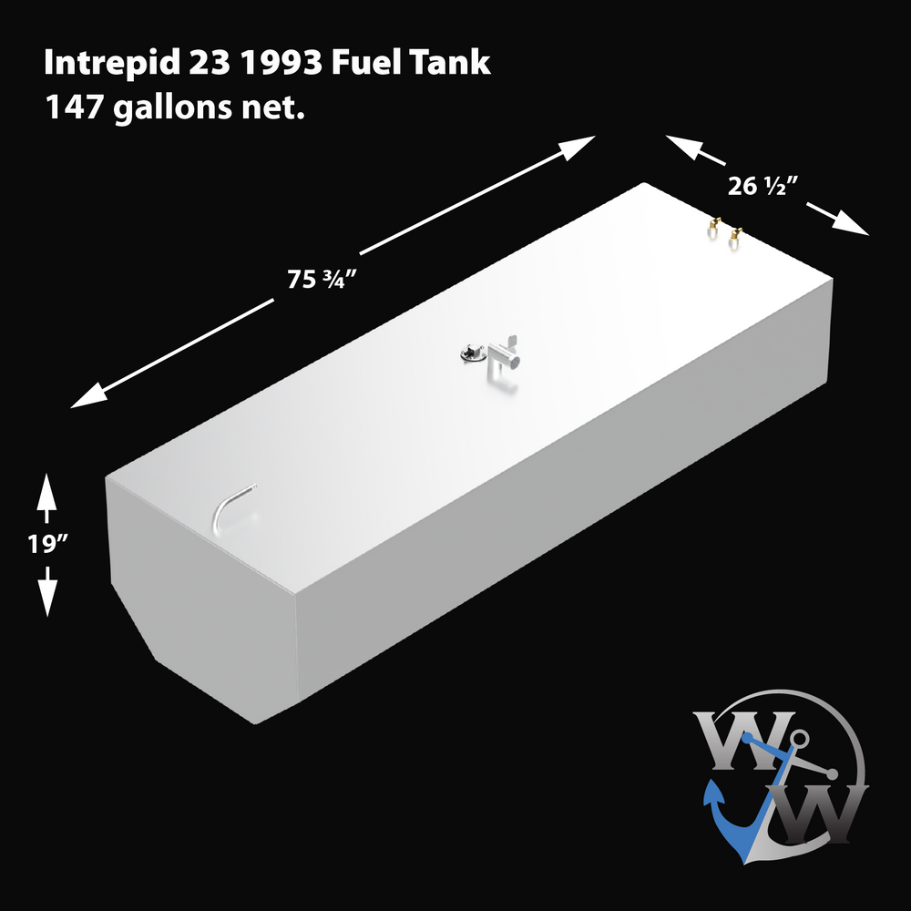 3D render of an OEM replacement fuel tank for a 1993 Intrepid 23-foot boat with a 147-gallon net capacity. Dimensions are 75.75 inches long, 26.5 inches wide, and 19 inches high. The tank features a chamfered front edge and top-mounted fittings for fill, vent, sender, and dual brass fuel pickups. WW anchor logo in bottom right corner