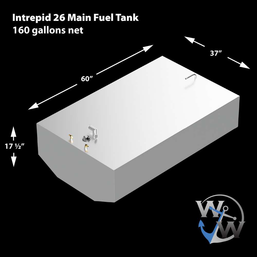 Diagram of an Intrepid 26' OEM replacement belly fuel tank with a capacity of 160 gallons. The tank measures 60 inches in length, 37 inches in width, and 17.5 inches in height, featuring two fuel fittings and a vent
