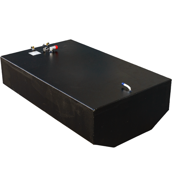 Built to OEM Specs belly fuel tank for Intrepid 26' boats, featuring a sleek black design and various fittings on top