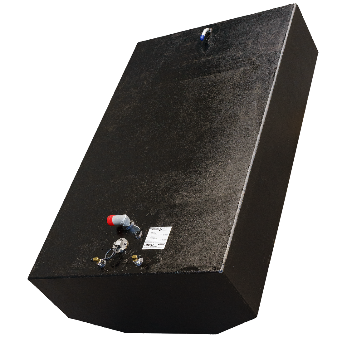 OEM replacement belly fuel tank for Intrepid 26' boats, featuring a 160-gallon capacity, with a black exterior and various fittings on the bottom