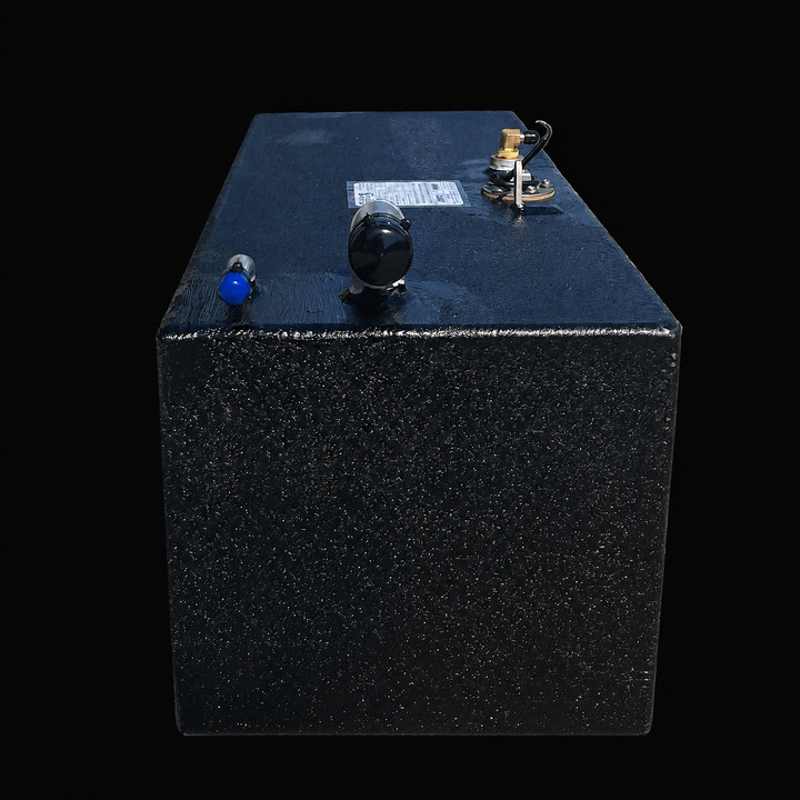 A straight, low-angle front-elevation view of a black Intrepid 26 Auxiliary replacement marine fuel tank from file image_0a2e5b.jpg, isolated against a black background. This perspective highlights the flat, narrow front face of the 51-gallon auxiliary fuel cell, showcasing its tall rectangular profile precision-fabricated from heavy-gauge marine-grade 5052-H32 aluminum. The entire outer surface is fully encapsulated in a premium, textured, anti-corrosive black TarGard epoxy coating to shield the tank struc
