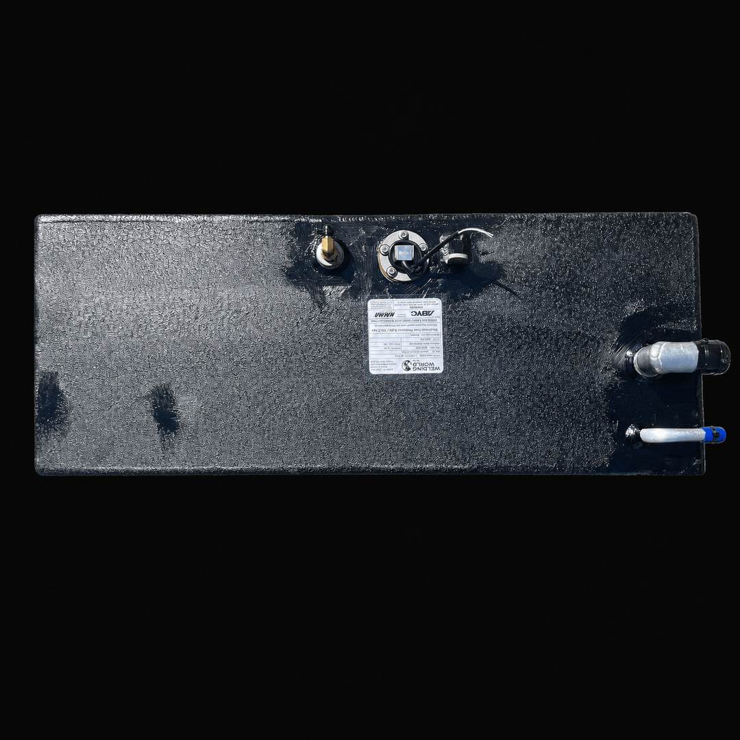 A top-down bird's-eye perspective view of a black Intrepid 26 Auxiliary replacement marine fuel tank from file image_0a3186.jpg, isolated against a black background. This flat overhead view showcases the compact rectangular top deck layout of the 51-gallon auxiliary fuel cell. Precision-fabricated from heavy-gauge marine-grade 5052-H32 aluminum, the structural tank is fully encapsulated in an anti-corrosive, textured black TarGard epoxy coating to resist harsh saltwater bilge environments and prevent pittin