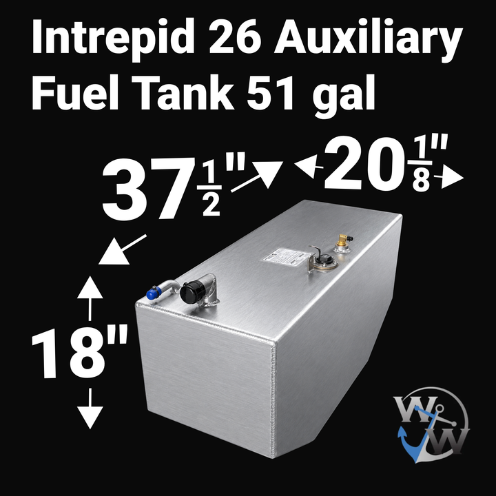 Dimensional technical diagram for a raw aluminum Intrepid 26 Auxiliary Fuel Tank 51 gal replacement from file image_0a2abd.jpg. The graphic displays precise technical specifications with measurements of 37 1/2" length, 20 1/8" width, and 18" height, showcasing a deep rectangular block design with a distinct longitudinal bottom-edge bevel on one side engineered by Welding World to conform perfectly to the vessel's specific hull rise and deadrise lines. The flat top deck displays an unsealed variant layout fe