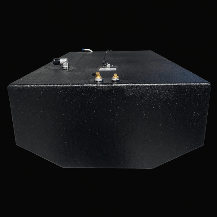 A straight, low-angle front-elevation view of a black Intrepid 26 Original Belly replacement marine fuel tank from file image_0a2dff.jpg, isolated against a black background. This specific perspective highlights the deep rectangular front profile of the 158-gallon center-hull fuel cell, clearly showing the symmetrical, V-shaped angled bottom corners precision-engineered by Welding World to conform perfectly to the boat's central deadrise stringer grid. The heavy-duty structure is fully fabricated from marin