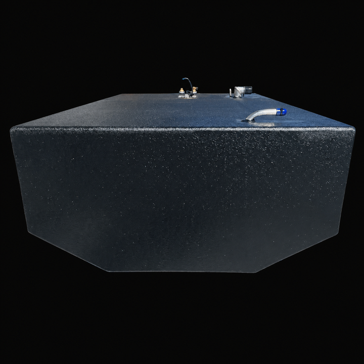 A straight, low-angle rear-elevation view of a black Intrepid 26 Original Belly replacement marine fuel tank from file image_0a8bdd.jpg, isolated against a black background. This perspective highlights the deep rectangular rear profile of the 158-gallon center-hull fuel cell, showcasing the symmetrical, V-shaped angled bottom corners precision-engineered to conform perfectly to the vessel's central deadrise stringer grid. Precision-fabricated from heavy-gauge marine-grade 5052-H32 aluminum, the structural t