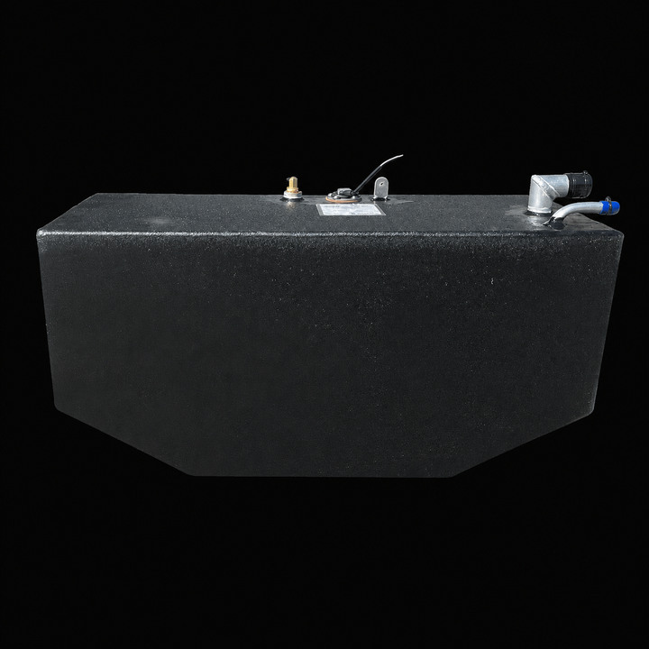 A straight side-elevation profile view of a black Intrepid 26 Original Belly replacement marine fuel tank from file image_0a2eb5.jpg, isolated against a black background. This longitudinal perspective showcases the full length and geometry of the 158-gallon center-hull fuel cell, highlighting the symmetrical, V-shaped angled bottom profile precision-engineered by Welding World to rest perfectly within the vessel's central deadrise stringer grid. Precision-fabricated from heavy-gauge marine-grade 5052-H32 al