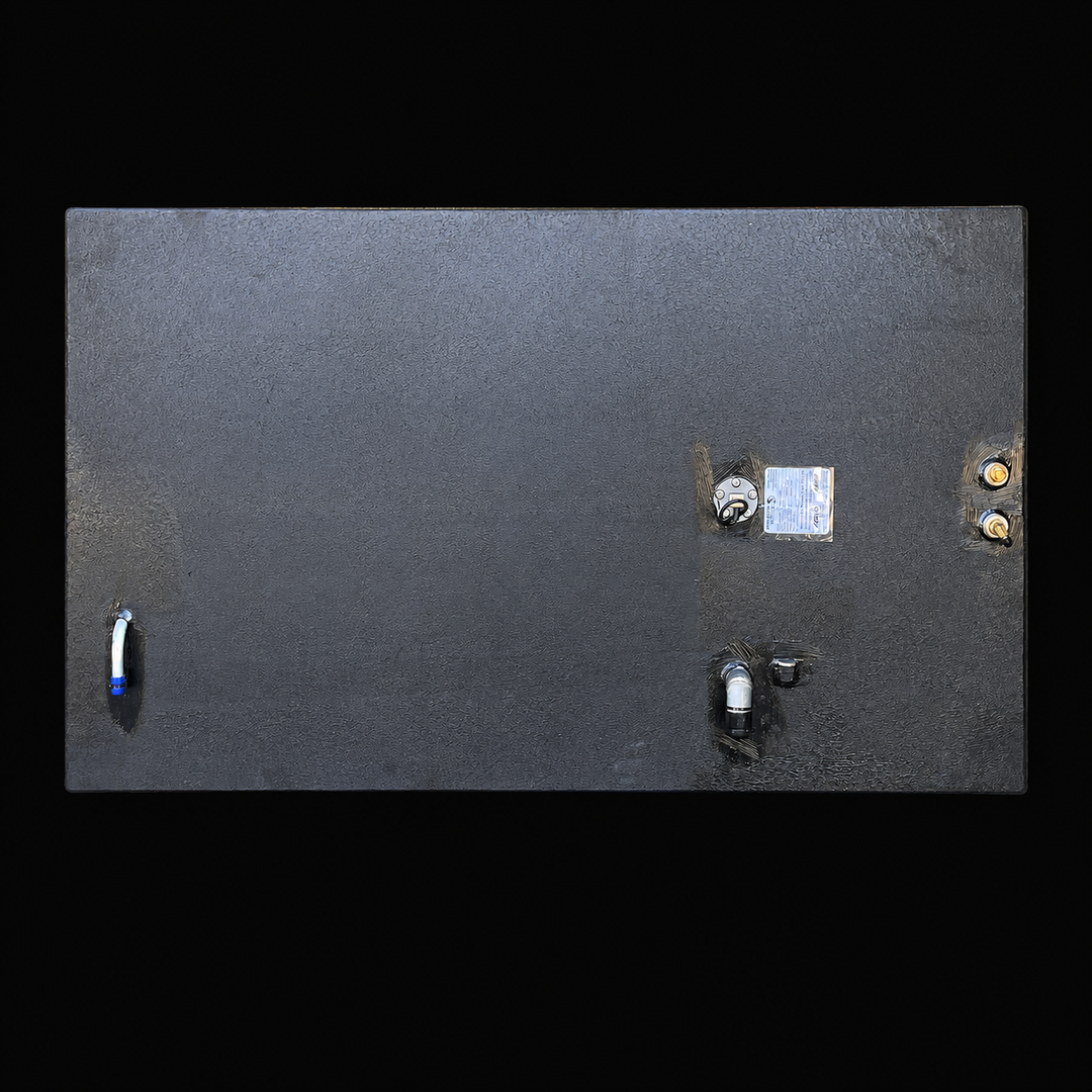 A top-down bird's-eye perspective view of a black Intrepid 26 Original Belly replacement marine fuel tank from file image_0a321a.jpg, isolated against a black background. This flat overhead overview showcases the wide, elongated rectangular top deck layout of the high-capacity 158-gallon center-hull fuel cell. Precision-fabricated from heavy-gauge marine-grade 5052-H32 aluminum, the structural body is fully encapsulated in an anti-corrosive, textured black TarGard epoxy coating to safeguard against pooling 