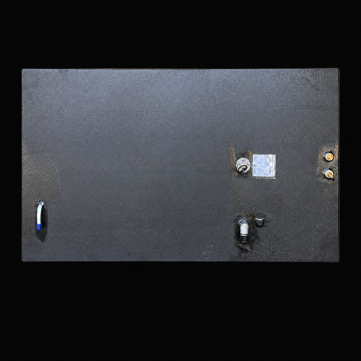 A top-down bird's-eye perspective view of a black Intrepid 26 Original Belly replacement marine fuel tank from file image_0a321a.jpg, isolated against a black background. This flat overhead overview showcases the wide, elongated rectangular top deck layout of the high-capacity 158-gallon center-hull fuel cell. Precision-fabricated from heavy-gauge marine-grade 5052-H32 aluminum, the structural body is fully encapsulated in an anti-corrosive, textured black TarGard epoxy coating to safeguard against pooling 