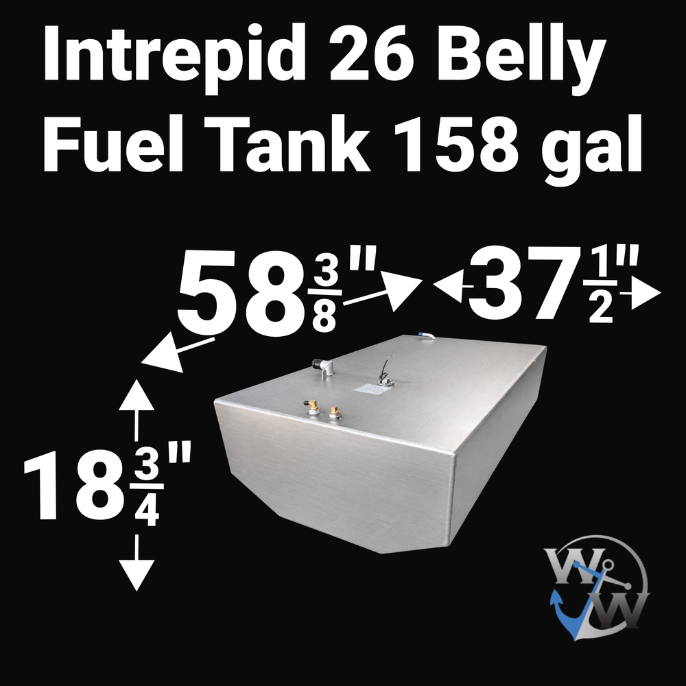 Dimensional technical diagram for a raw aluminum Intrepid 26 Belly Fuel Tank 158 gal replacement from file image_0a2a24.jpg. The graphic displays precise technical specifications with measurements of 58 3/8" length, 37 1/2" width, and 18 3/4" height, showcasing a deep rectangular block design with a distinct V-shaped angled bottom profile engineered by Welding World to conform perfectly to the boat's central deadrise stringer grid. The flat top deck displays an unsealed variant layout featuring a decentrali