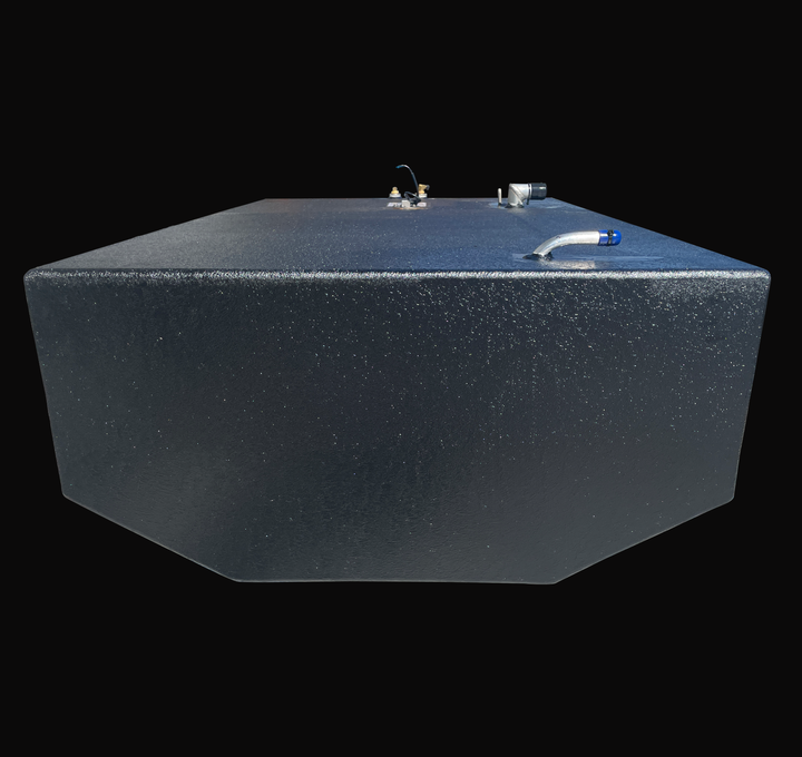 Low-angle rear view of the 148-gallon primary fuel tank for an Intrepid Stoner 27, highlighting the coal-tar epoxy finish, the tapered V-hull bottom design for deep bilge fitment, and top-mounted fuel fill and vent fittings.