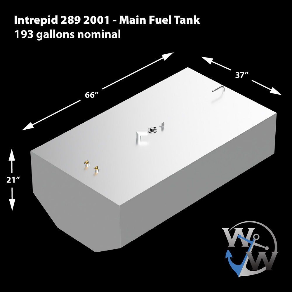 A 3D rendering of a rectangular, light-grey main fuel tank for an Intrepid 289 (2001), with dimensions of 66 inches long, 37 inches wide, and 21 inches high, and a nominal capacity of 193 gallons. Various fittings are visible on the top surface