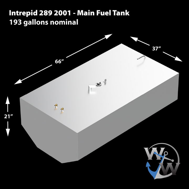 A 3D rendering of a rectangular, light-grey main fuel tank for an Intrepid 289 (2001), with dimensions of 66 inches long, 37 inches wide, and 21 inches high, and a nominal capacity of 193 gallons. Various fittings are visible on the top surface