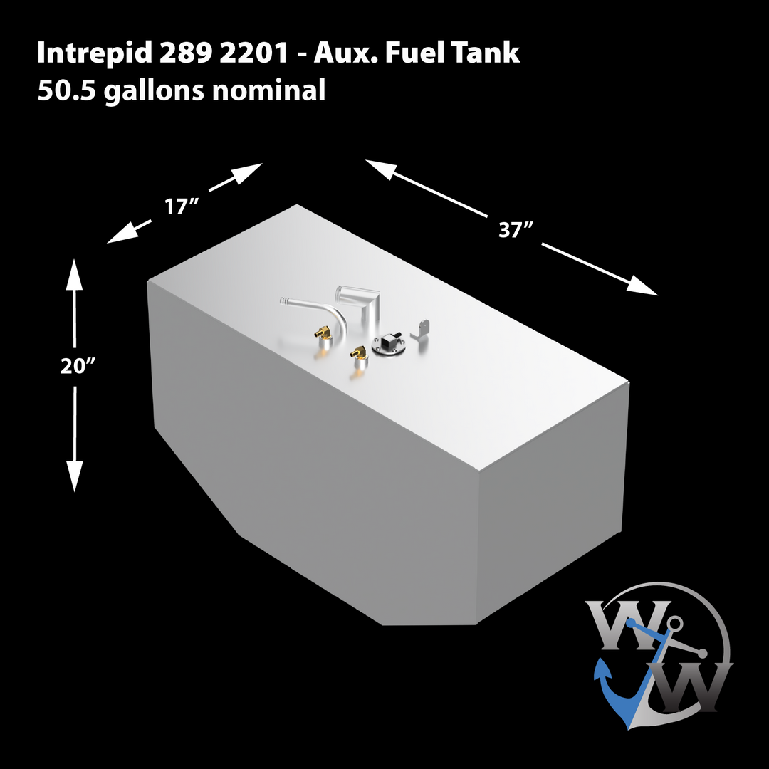 A 3D rendering of a rectangular, light-grey auxiliary fuel tank for an Intrepid 289 (2001), with dimensions of 37 inches long, 17 inches wide, and 20 inches high, and a nominal capacity of 50.5 gallons. Various fittings are visible on the top surface